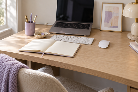 Lavender pen cup, cream catchall, notebook and framed art arranged around a laptop on a light wood desk