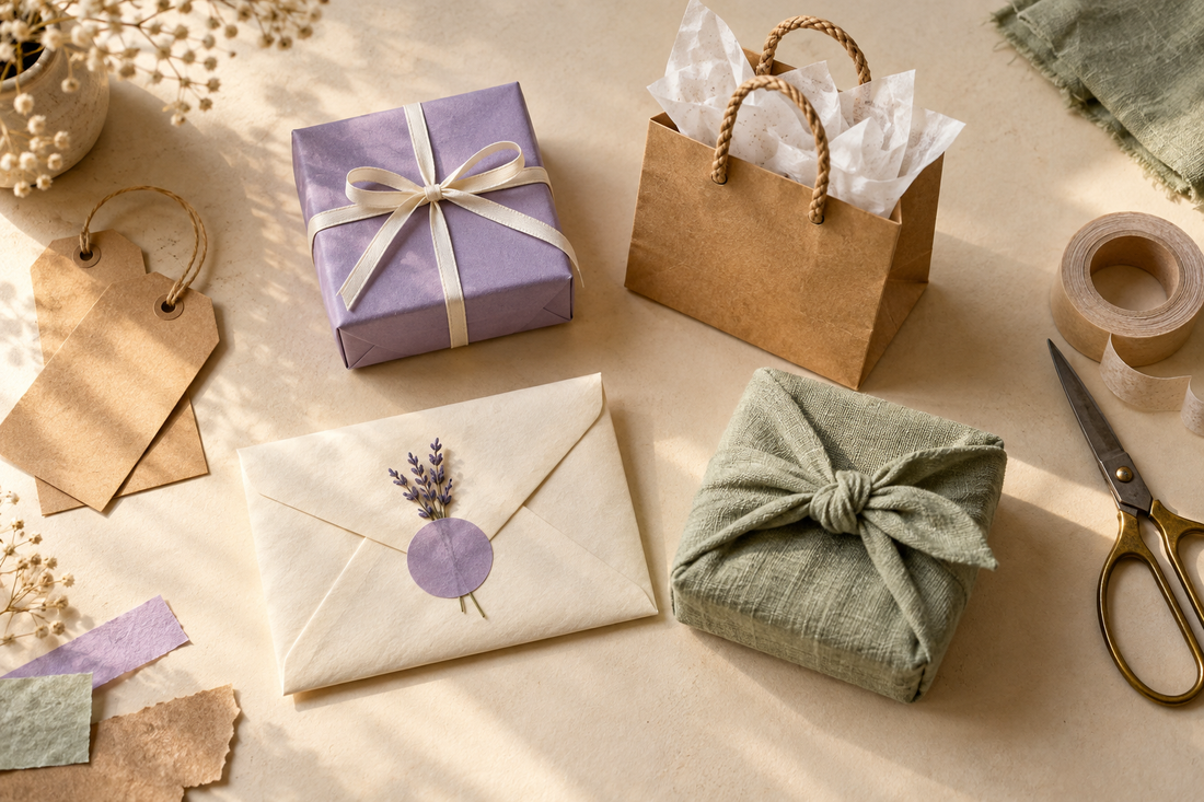 Small lavender wrapped box, kraft gift bag, cream envelope and sage fabric-wrapped box on a craft table