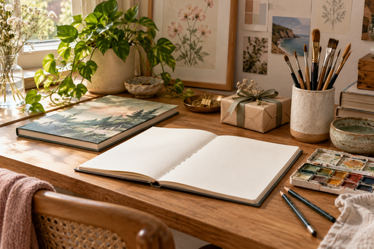 Blank sketchbook, watercolor palette, paintbrushes, art book and wrapped gift on a sunlit artist desk