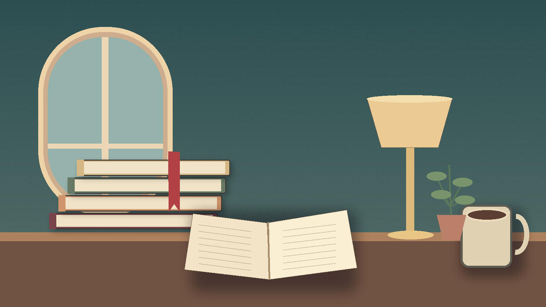Illustrated reading corner with stacked books, an open book, a reading lamp, a bookmark and a mug on a side table
