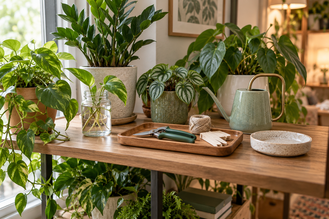 Houseplants, a glass propagation jar, pruning snips and a small watering can on a wooden plant shelf