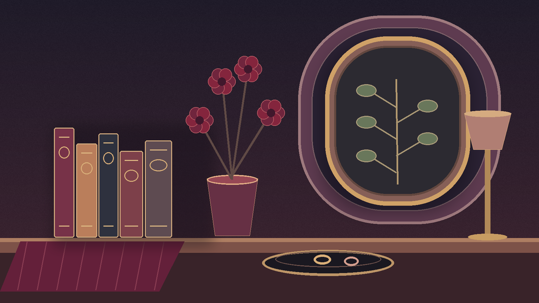 Illustrated dark romantic shelf with an arched frame, burgundy vase, books, lamp and small jewelry dish