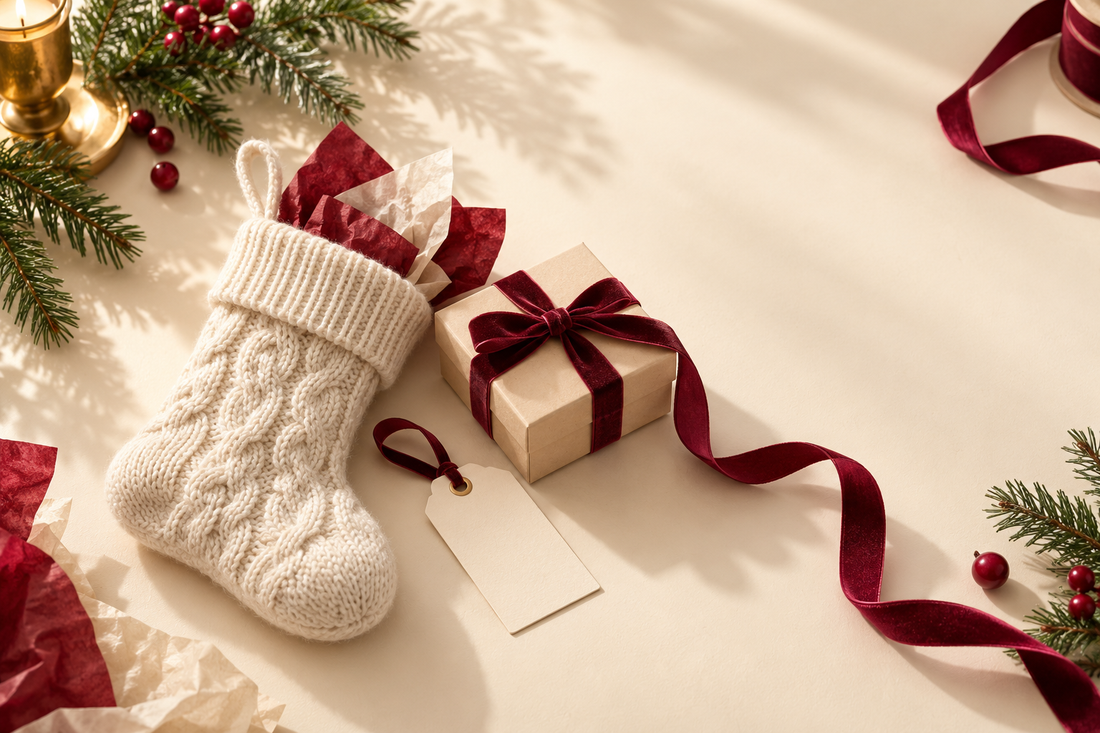 Cream stocking beside a wrapped small box and blank gift tag on a holiday tabletop