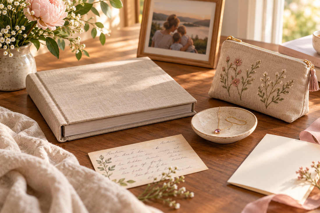 Photo album, framed family photo, embroidered pouch, necklace and handwritten card arranged on a sunlit table