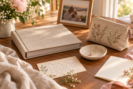 Photo album, framed family photo, embroidered pouch, necklace and handwritten card arranged on a sunlit table