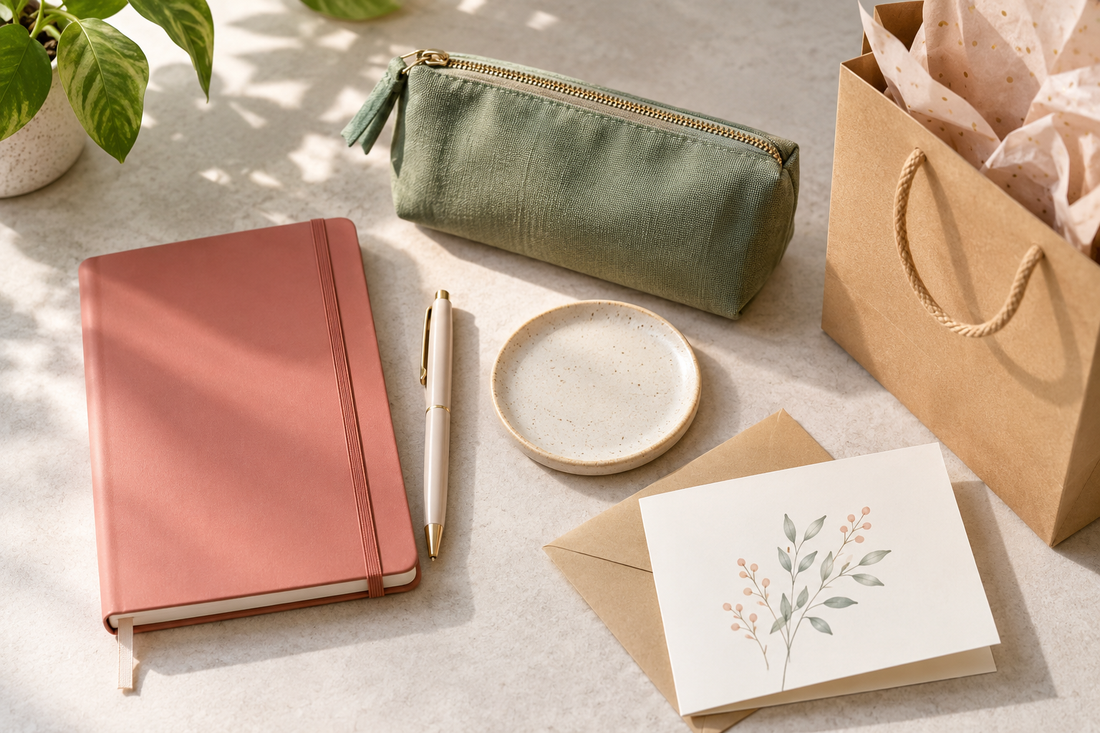 Coral notebook, cream pen, green zip pouch, ceramic coaster and a floral card beside a kraft gift bag